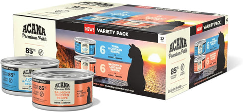 Pack: 3oz (12 Count, 6 ACANA Premium Pate Wet Cat Food in Bone Broth Variety Salmon & Chicken + Tuna & Chicken Recipes
