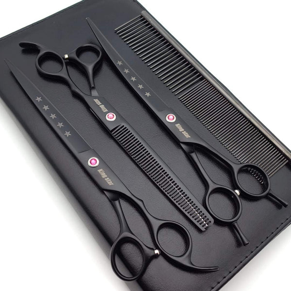 Kingstar 8.0in. Matt Black Professional Pet Grooming Scissors Set - Straight, Thinning & Curved Scissors with Comb