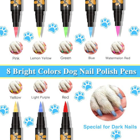 Quick Dry Dog Nail Polish, 8 Neon Bright Colors, Non Toxic Pet Safe Soft Brush Tip Nail Polish Pens for Dogs, Cats,