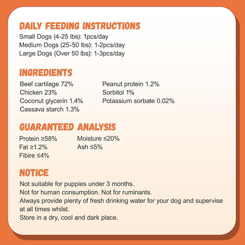 Natural Dog Treats, Chicken Wrapped Beef Cartilage, Long-Lasting High Protein Training Treats, 12-13 Counts