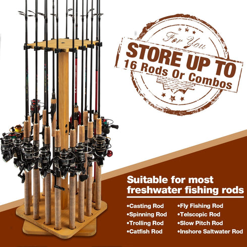 Ghosthorn Fishing Rod Holders for Garage - 360 Degree Rotating Fishing Pole Rack Holds up to 16 Rods