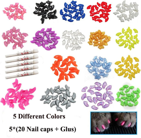 100pcs 5 VICTHY Cat Nail Caps, Medium Size Colors, with Glue and Applicators, Natural Vinyl Resin, Long-lasting