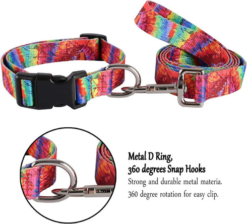 Dog Collar Pet Funny Rainbow Adjustable Collars with Tie Dye Leash - Multicolor Set for Small Medium Large Dogs