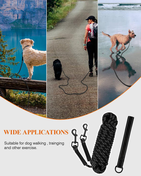Taglory Dog Tie Out, Long Dog Leash 15FT 30FT 50FT 66FT, Recall Training Leash with 2 Swivel Hooks, Black