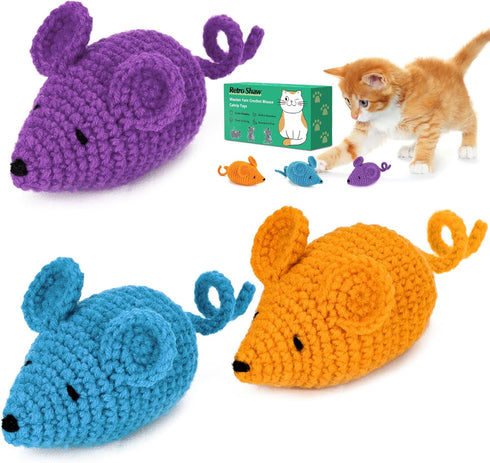 Retro Shaw Catnip Toys Crochet Mice Cat Toys, 3 Pcs Durable Yarn