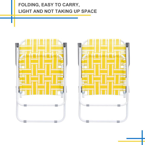 EEBUIHUI Set 2 of Folding Patio Lawn Chairs, Modern Yellow PP Braided Beach Chairs, High Back Seat, Portable Camping