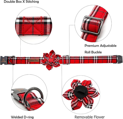 Lionheart glory Christmas Plaid Dog Collar, Dog Flower Collar Adjustable Soft and Comfortable Dog Collars for Small Dogs Girl or Boy Pet Gift Fall Collar Dog Collar with Flower