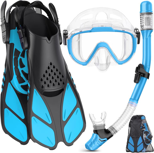 Snorkeling Gear Set for Adults, 4 in 2 Snorkel with Panoramic Diving Mask, Dry Top Snorkel, Fins, Travel Bag