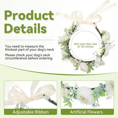 Dog Wedding Flower Collar with Pearls Beaded Leash, Elegant Flower Headband, Dog Wedding Attire (Large)