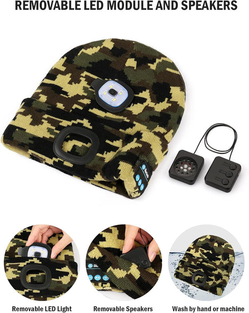 Wmcaps Bluetooth Beanie with Light, Unisex USB Rechargeable 4 LED Fashlight Hat with Cordless Headphones, Unique Gift
