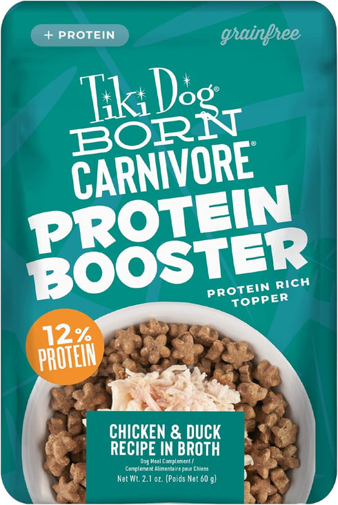 Tiki Dog Born Carnivore Protein Booster Dog Food Topper, Chicken and Duck Recipe, 2.1 oz. Pouch (12 Count)