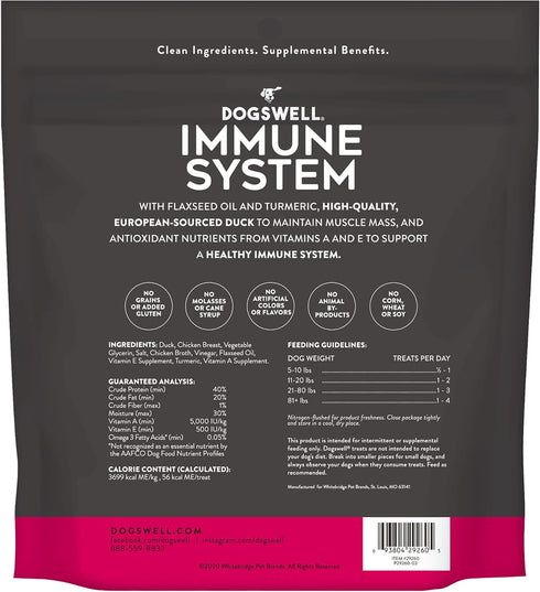 Dogswell Immunity & Defense, 20 oz - Duck Jerky with Flaxseed Oil, Turmeric, Vitamin E & A for Healthy Aging