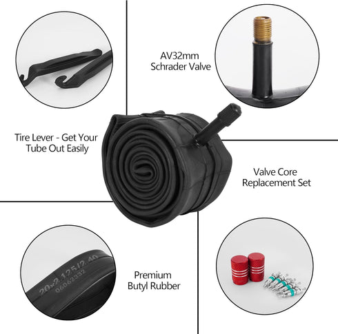 RUTU 20 inch Bike Tube, 20x1.50/1.75/1.95/2.10/2.125/2.40/2.50/3.0/3.5/4.0 with Tire Levers 2 Pack