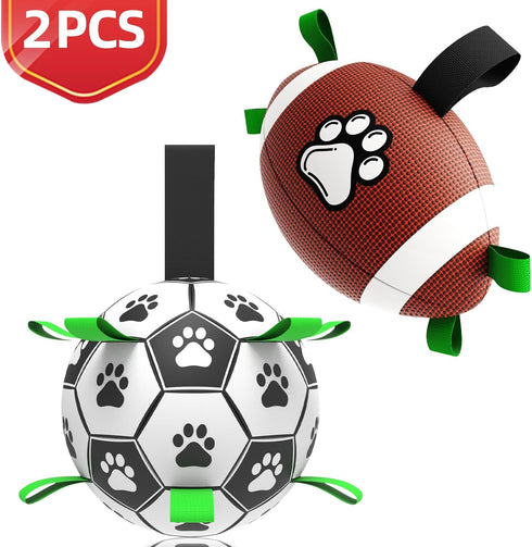 QDAN Dog Soccer Ball Football Set, 2 PCS Dog Balls with Strap for Tug of War, Soccer Ball Toys for Small Medium Large