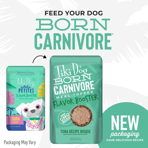 1.5 oz. 12 Count Tiki Dog Born Carnivore Flavor Booster, Tuna Recipe Bisque, Grain Free Meat Based Treats, Meal Topper