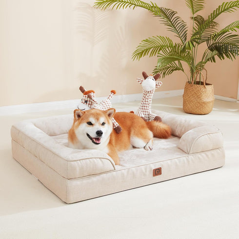 EHEYCIGA Orthopedic Dog Bed for Medium Dogs, Waterproof Memory Foam Couch Bed with Washable Removable Cover, Beige