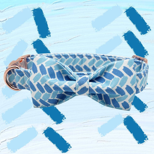 Adjustable Blue Print Dog Bow Collar, Durable Bowtie for Small Medium Large Dogs