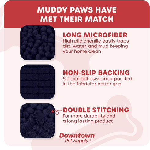 My Doggy Place Navy Blue Microfiber Dog Mat for Muddy Paws, 18" x 24" - Quick-Drying Non-Slip Cleaning Mat
