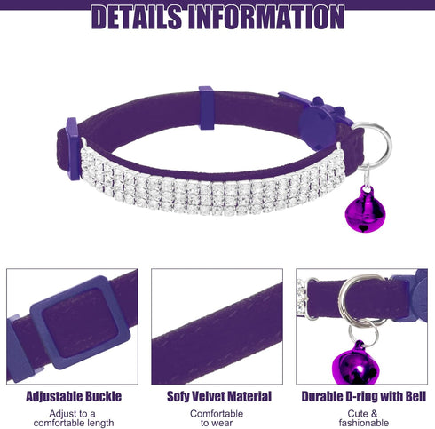 EXPAWLORER Soft Velvet Cat Collars for Girls - 2 Pack Adjustable Rhinestones Bling Breakaway Collars with Bells