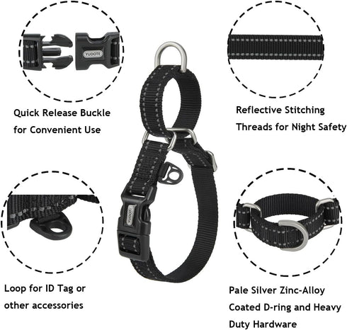Reflective Martingale Collar for Dogs, Quick Snap Buckle Anti-Pull Nylon Safe Slip Collar for Easy Walking (Black,