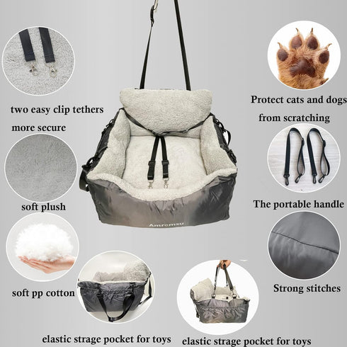 Small Dogs Car Seat Under 25 - Fully Detachable & Washable Ultra Soft Travel Bed with Clip-on & Storage Pockets