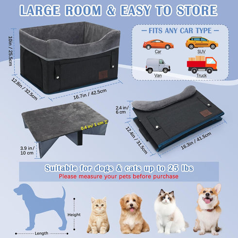 25lbs-Black PetsHome Dog Car Seat for Small Dogs, Detachable Washable Pet Booster Seat with Storage Pocket, Breathable
