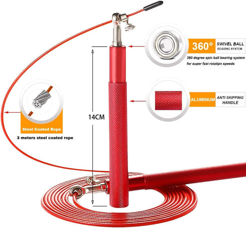 Speed Jump Rope with 360° Swivel Ball Bearing, Adjustable Steel Coated Rope, Anti-Skipping Handle for Fitness