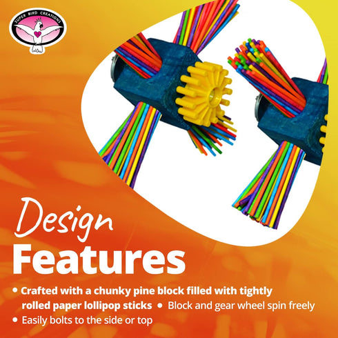 SB963 6.5"x4" Super Bird Creations Twirl N' Whirl Bird Toy - Handcrafted Wooden Bird Stuff with Lollipop Sticks