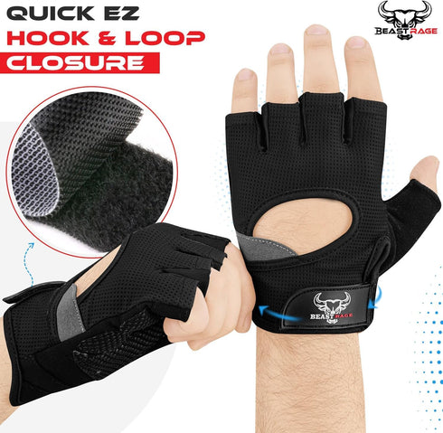 BEAST RAGE Fingerless Weight Lifting Gloves with Palm Protection Padding, Breathable Lightweight Gym Gloves for Men