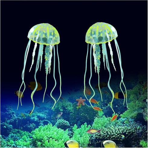 WishLotus 2 PCS Jellyfish Fish Tank Decorations, Simulation Jellyfish Plant Ornament, Glow Decorations (S, Yellow)