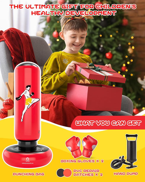 66 Inch Set, 6-12, MMA QPAU Kids Punching Bag Toy with Boxing Gloves, Larger Stable Kids Inflatable Boxing Bag Gifts