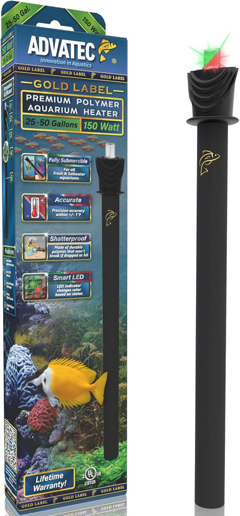Premium Polymer Aquarium Heater, 150 Watts for Fresh & Saltwater Aquariums, LED Temperature Control (25-50 Gallons)