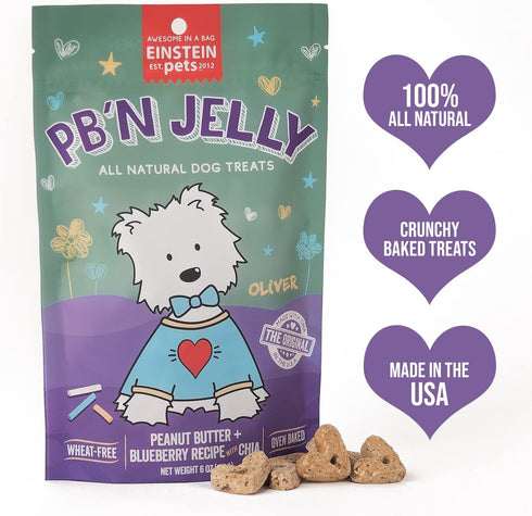 EVERYDAYS PB’N JELLY Crunchy Heart Shaped Treats, 6 Ounce Bag, All Natural Protein Packed Dog Biscuits