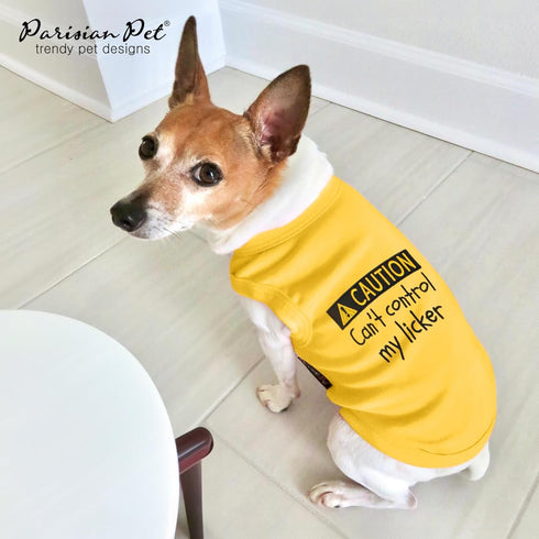 Parisian Pet Dog T-Shirt - Embroidered 'Caution Can’t Control My Licker' Tank Top - Yellow, 100% Cotton, XL
