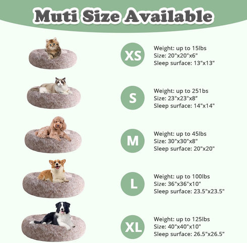 JOLLYVOGUE Calming Donut Dog Bed & Cat Bed, Washable Fluffy Faux Fur Plush Cushion for Small Dogs and Cats (20", Brown)