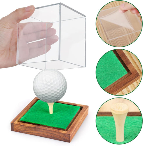 Clear Acrylic Golf Ball Display Case with Wood Base & Tee, Memorabilia Stand Cube Holder, Dust Protection Transparent