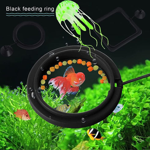 Feeding Fish Ring Set | 4pcs Fish Food Feeder + Jellyfish Decorations + Thermometer Strip for Aquarium Tank Accessories