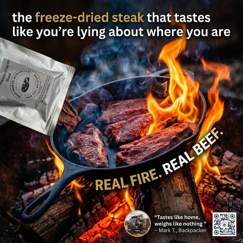 4 5 oz 25 Backpackers, 1 LBS. | Freeze-Dried NY Steaks | Total Freeze-Dried Weight | Thin Cut | Year Shelf Life | USA