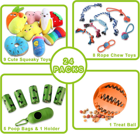 24 Pack Colorful Puppy Chew Toys for Teething - Plush Squeaky, Rope Chew Toys & Dog Treat Ball to Keep Them Busy