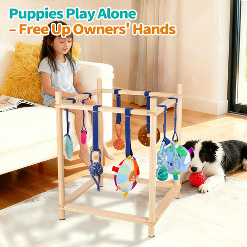 8 Wooden Puppy Play Gym for Small Dogs, Puppy Jungle Gym with Hanging Toys, Wood Frame Indoor Puppy Gym with Dog