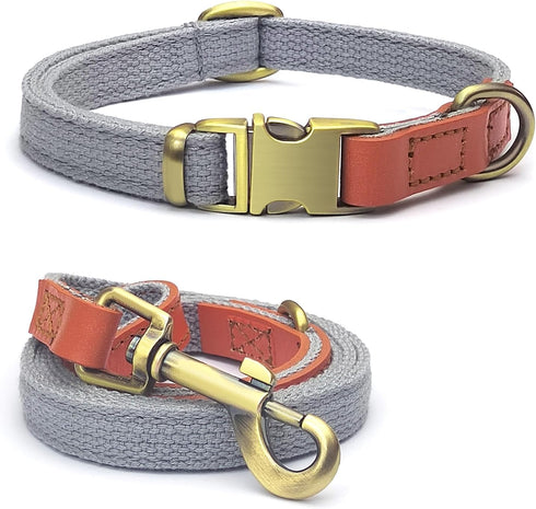 QRDA Dog Collar and Leash Set, Silver Gray Adjustable Durable Nylon Pet Collars with Tactical Leash for Small Medium