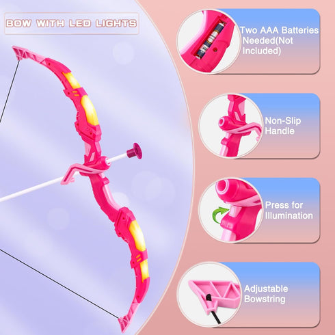 Set 2 Pack Set 20 5 6 7 8 9 10 11 12 4-8 8-12 Bow and Arrow Girl Toys: LED Light Up Archery with Suction Cup Arrows
