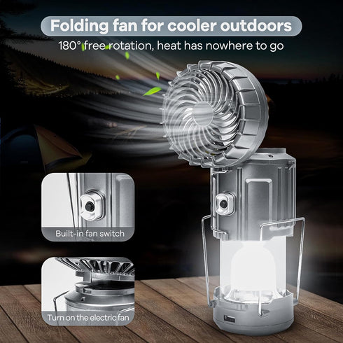 Solar Camping Lantern with Fan, Emergency Flashlight, USB Rechargeable Portable LED Lanterns for Tents, Power Outage