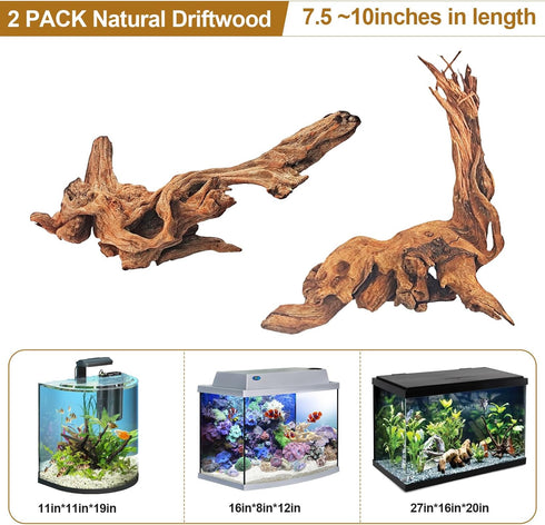 FUNOJOY Natural Driftwood Decor for Aquarium, Assorted Wood Branches for Reptile Fish Tank, Pack of 2 (7.5 to 10 Inch)