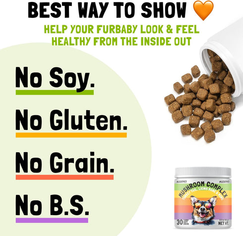 Mushroom Complex Treats for Dogs with Reishi, Shiitake, Turkey Tail Mushrooms for Cognition, Immune Boosting, Digestive
