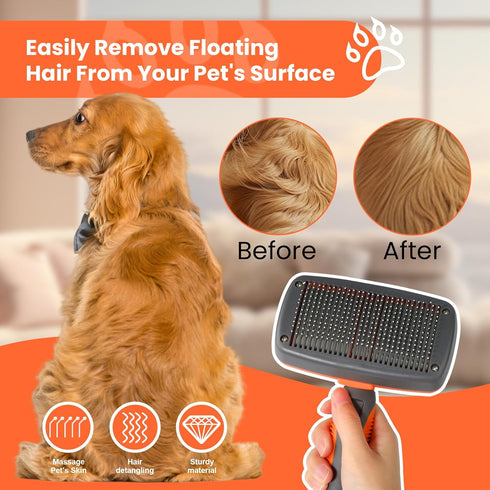 Self-Cleaning Slicker Brush for Dogs & Cats, Grooming Brush for Shedding, Skin-Friendly Deshedding Tool