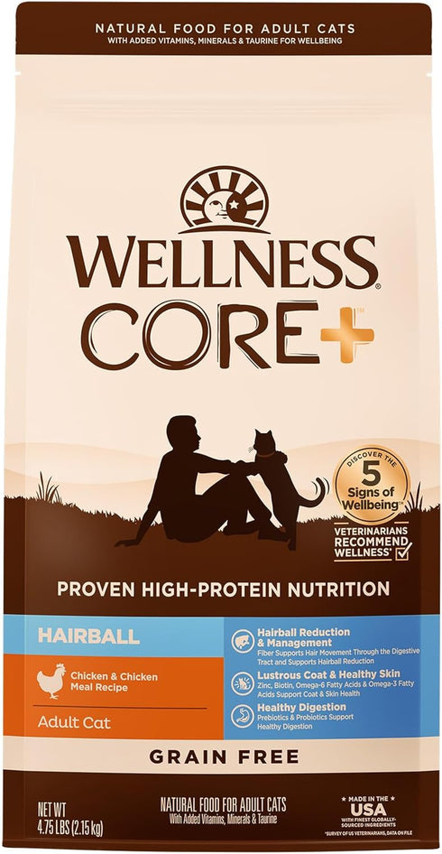 Wellness CORE+ Hairball Grain-Free High Protein Adult Dry Cat Food, Chicken and Chicken Meal Recipe, 4.75 Pound Bag