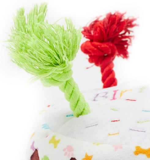 PET LONDON Dog Birthday Cake Squeaky Toy - Soft Plush with Rope Candles in Bright Colors for Dog Birthday Celebrations
