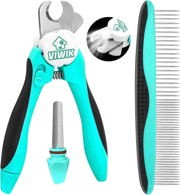 2 in 1 Dog Nail Trimmers with LED Light - Dog Comb, Nail Clippers with Quick Sensor & Safety Guard for Grooming