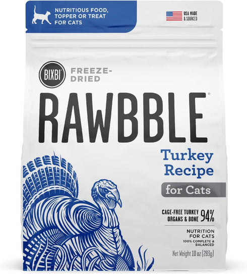 BIXBI Rawbble Freeze Dried Cat Food, Turkey Recipe, 3.5 oz - 94% Meat and Organs, No Fillers, USA Made
